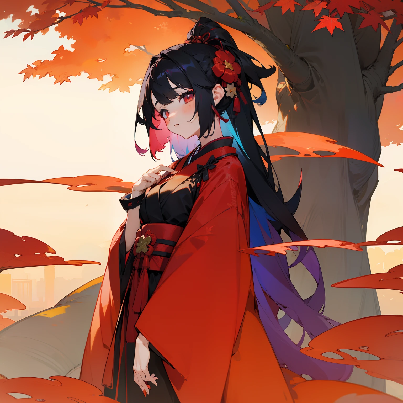 (Beautifully Aesthetic:1.2)、(1girl in:1.3)、(Colorful hair of black and red color:1.2)、colourfull、Beautiful sunset、Fantastical、Large tree with autumn leaves、Lots of autumn leaves、Japanese dress、sad Facial expression、