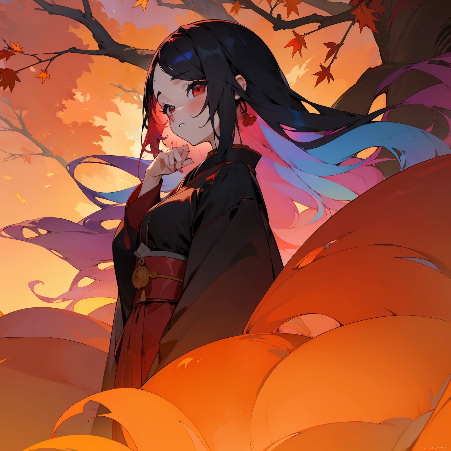 (Beautifully Aesthetic:1.2)、(1girl in:1.3)、(Colorful hair of black and red color:1.2)、colourfull、Beautiful sunset、Fantastical、Large tree with autumn leaves、Lots of autumn leaves、Japanese dress、sad Facial expression、