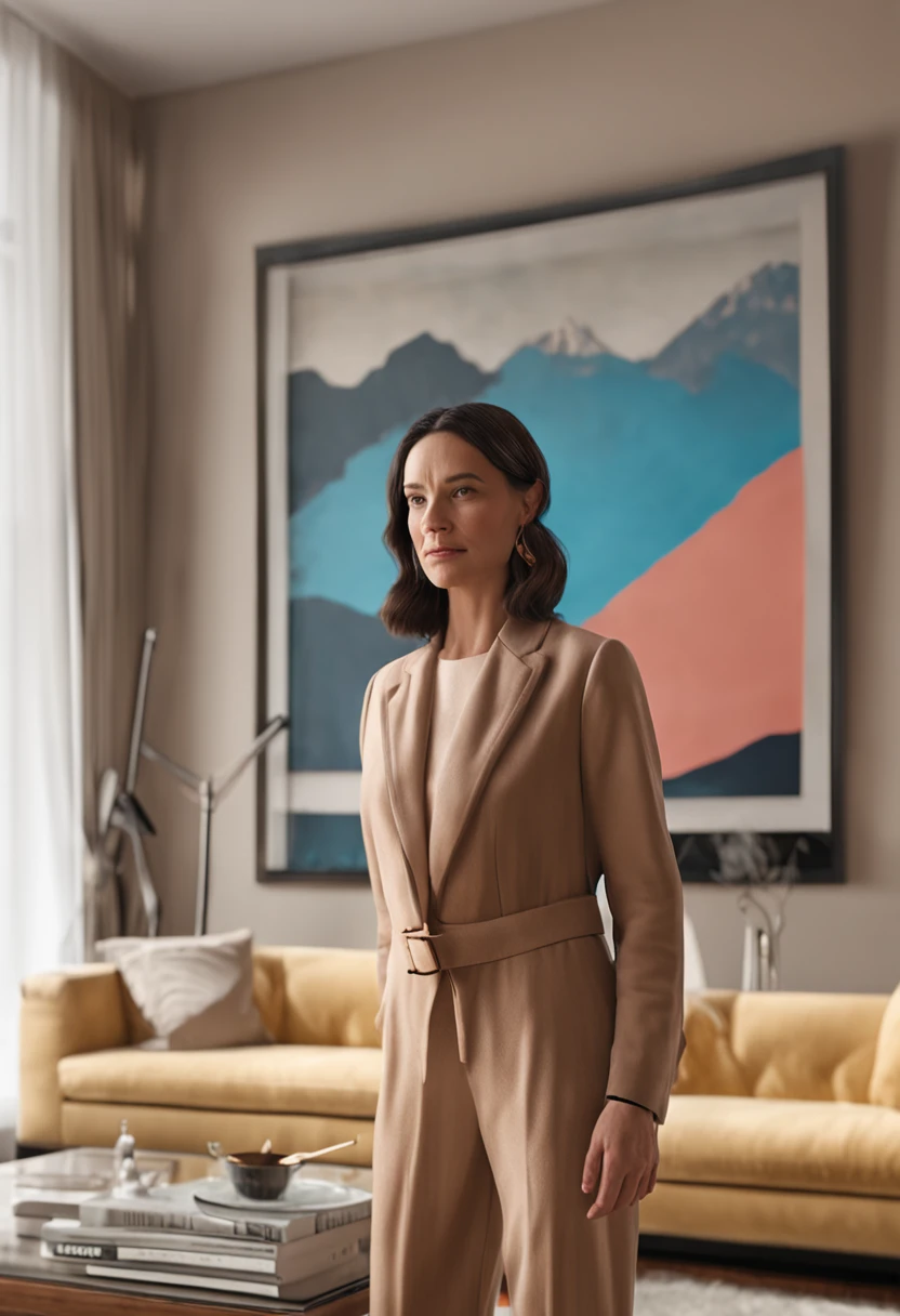 There is a woman standing in front of a large picture of a woman, the whole body in the frame, placed in the living room, large-format photos, 8K selfie photos, the whole body in the frame, placed in the large living room, 4K symmetric portrait, 4K symmetric portrait, 4 k product photography, large portrait, Ultra-realistic 8K Octa Photography