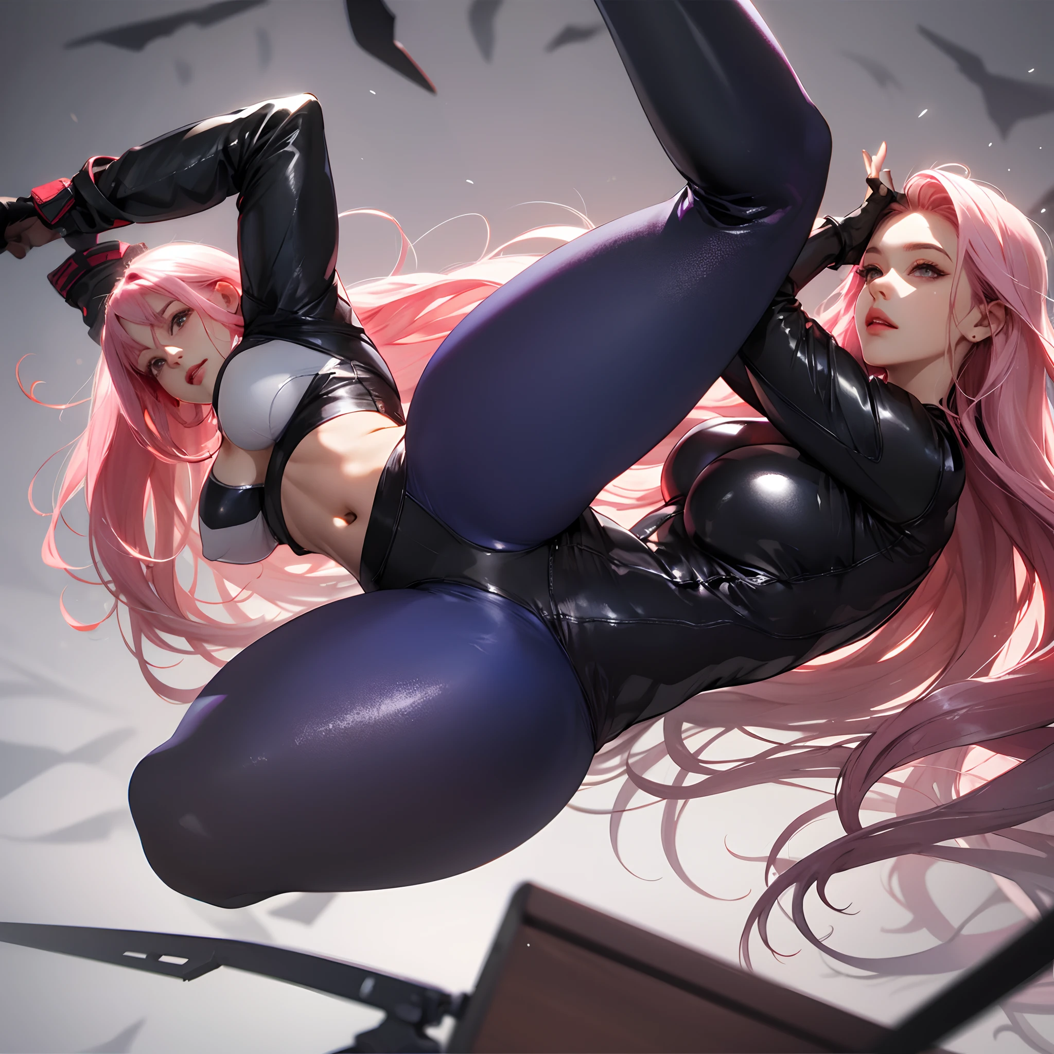 tightsuit,leather clothes,Open navel,long whitr hair,A pink-haired,huge tit,thick leg