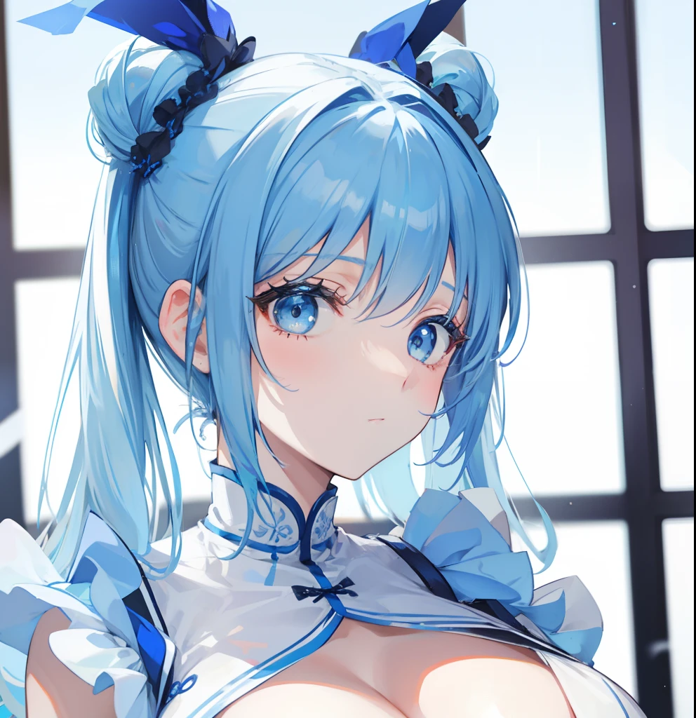 blue hairs,Blue and white clothes,Sexy big breasts,Sell cute very cute sweet girl,Same hairstyle and clothes as pictured,But more detailed than pictures,more clearly,More refined