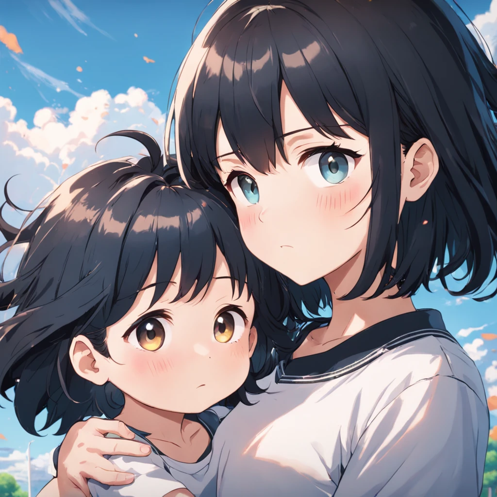 A short black haircut，Woman in white T-shirt holding a  with short black hair in kindergarten（The background is Kindergarten 1.5）style of anime4 K，Anime rendering，style of anime。8K，（Upper body display 1.8）（Woman 1.8）（Cinematic lighting 1.5）（Master masterpieces：1.4）（Ultra-high detail1.5）（Best quality1.5）