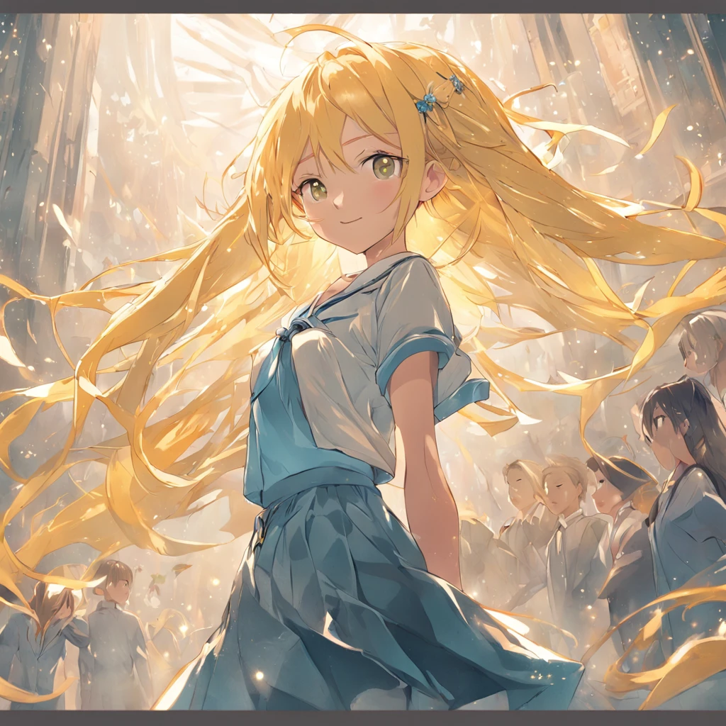 schoolgirls，Long yellow hair and light blue eyes，Twisted braids and butterfly hair accessories。Elegant bangs，Baneau garments，Short front and long back skirt。Diamond heels and wings，Smile confidently。Whole body diagram，simplebackground。Side light and shadow，Cinematic approach。