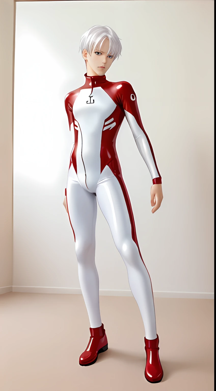 New World Evangelion,mtu,Young men,Muscular body,The crotch is obvious,Purple tight-fitting combat suit,White color hair,Full body latex set,One-piece latex garment,musculous,Full body photo,tightsuit,Wear latex clothing all over,shiny latex catsuit,Latex toe socks