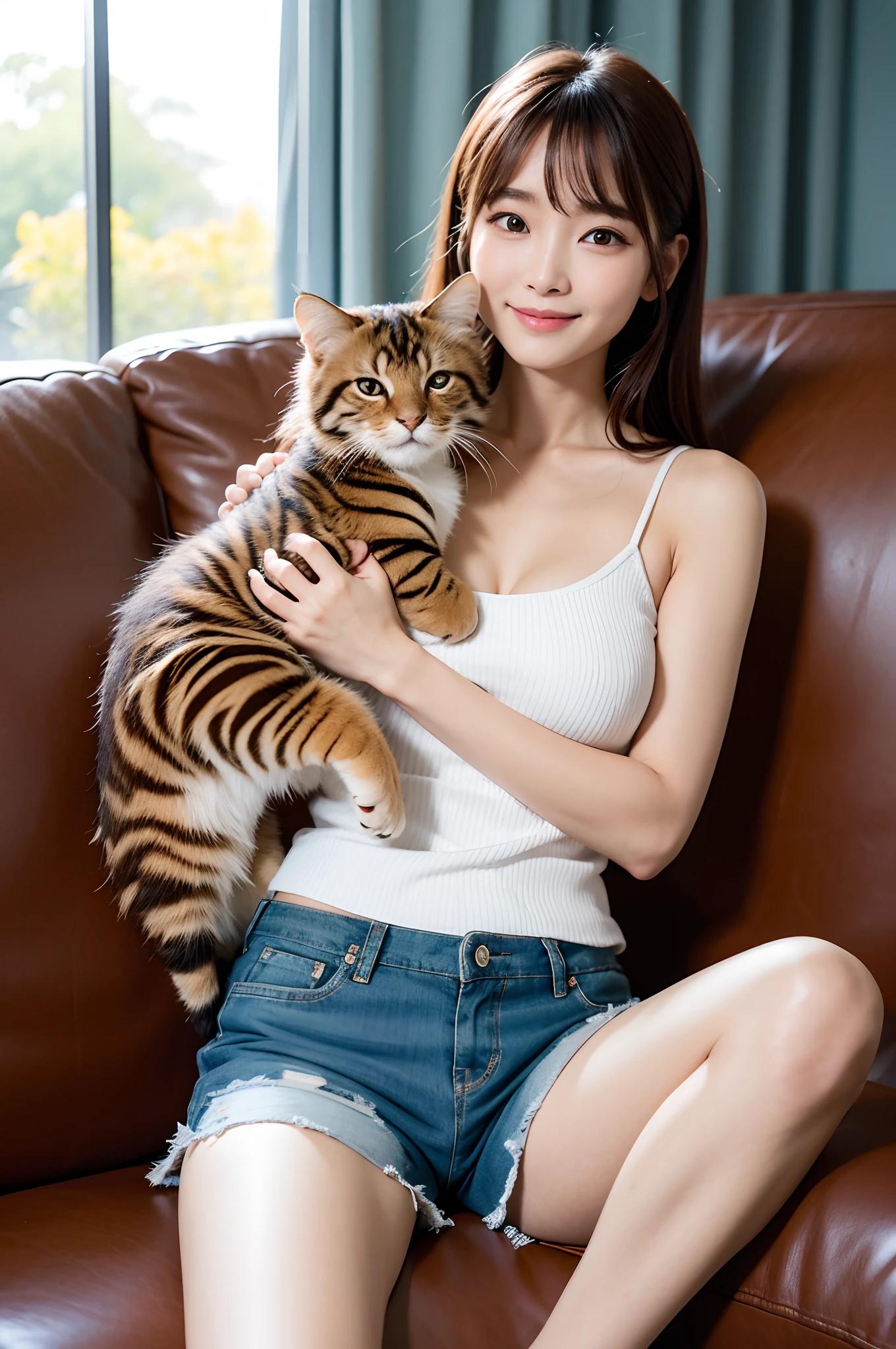 8K、Top image quality、​masterpiece、An 18-year-old woman、Sitting on sofa with brown tiger cat in arms、(Cat licks her face)、Express happy time with cats with poses and facial expressions、Camisole、shortpants、Cinematic lighting