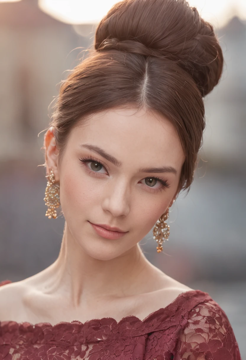 24-year-old woman,looking a viewer, slight smile, Dress, CityView, earings, makeup, hair bun, Evening, roof