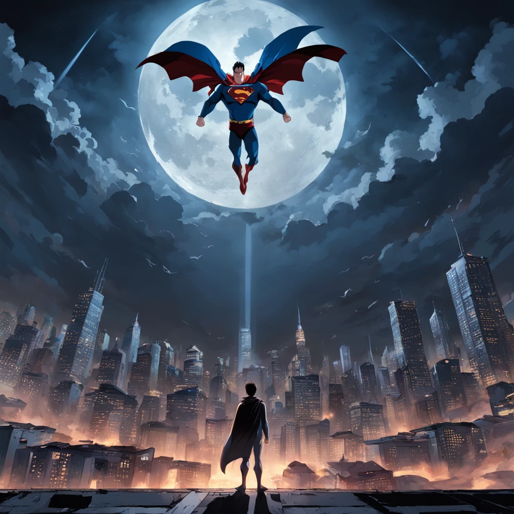 Superman vs. Batman,the night,The moon is centered as the background,over distances