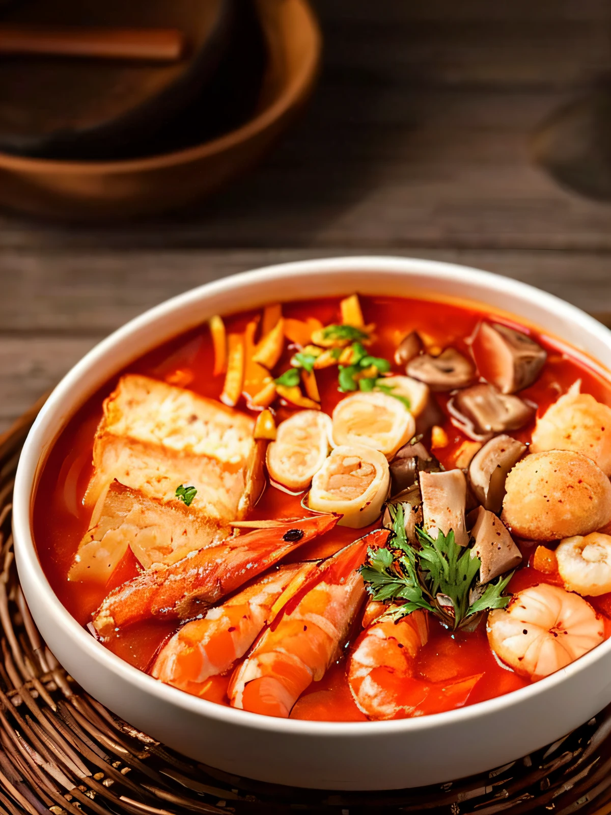 there is a bowl of soup with shrimp, mushrooms and bread, ❤🔥🍄🌪, aokamei, daopao, detailed image, high quality food photography, looks realistic, professional food photography, soup, the best ever, warm, traditional, yummy, instagram post, hd food photography, beautiful image, trending ,, reddit post, bowl filled with food
