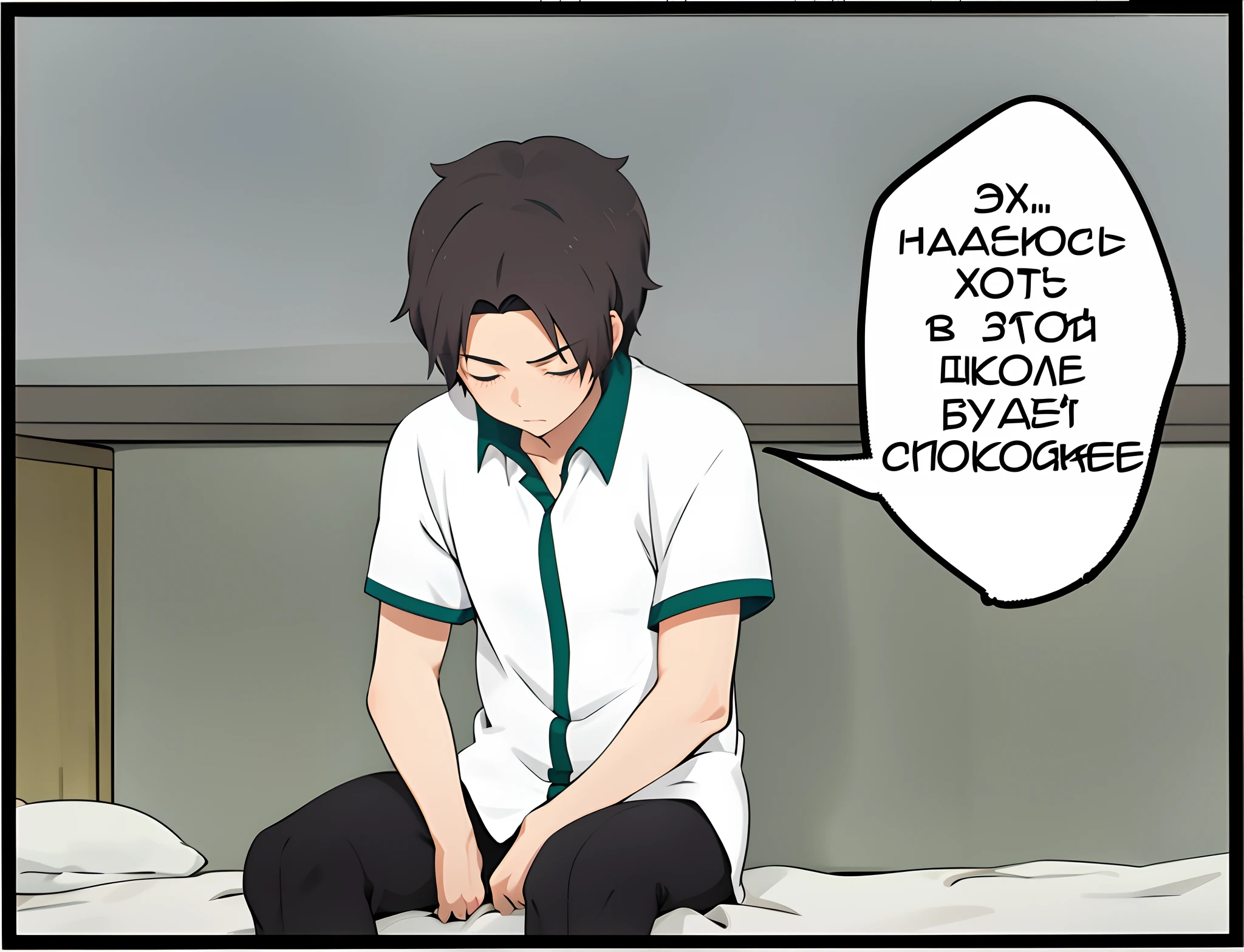Anime boy, lying on the bed with a speech bubble above your head, leonid, at pixiv, comiс style, in anime style, Koyoharu Gotouge, in anime style, Shinkai Makoto, rye. comic style, nikolay, yaoi, bishounen, siberia!!, [ forgetful ], Manga style