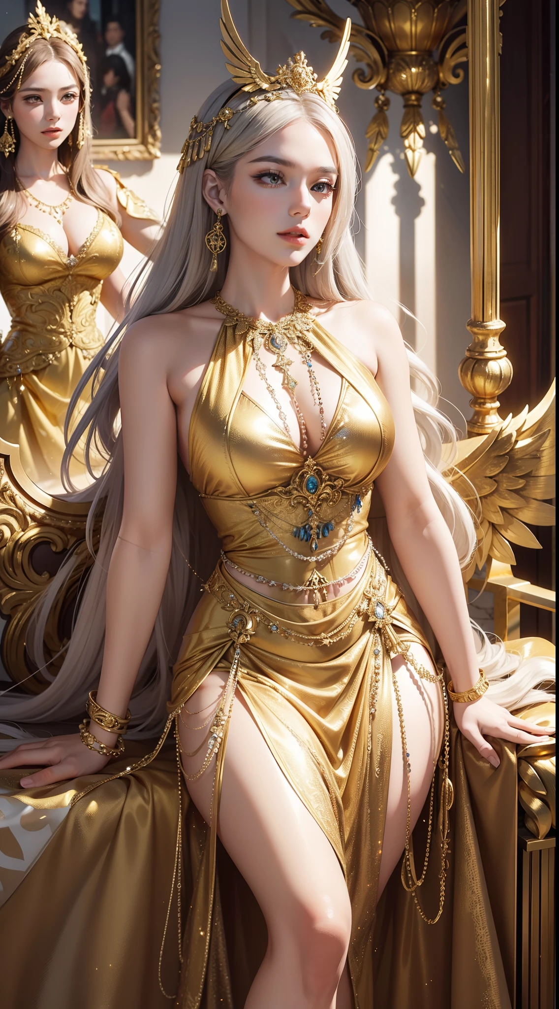 A woman in a golden dress,Baroque Valkyrie,Dreamy realism,glittery,Clothes made of gold and silver thread,Baroque court style