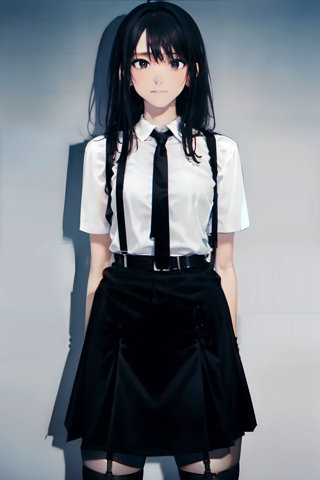 a black skirt, neck tie, Tank Tops suspenders, Long Black Hair, Gray eyes, holster, Garter belt on the legs, , Moderately breasts, Pichi Pichi clothes, both sides deadpan Behind