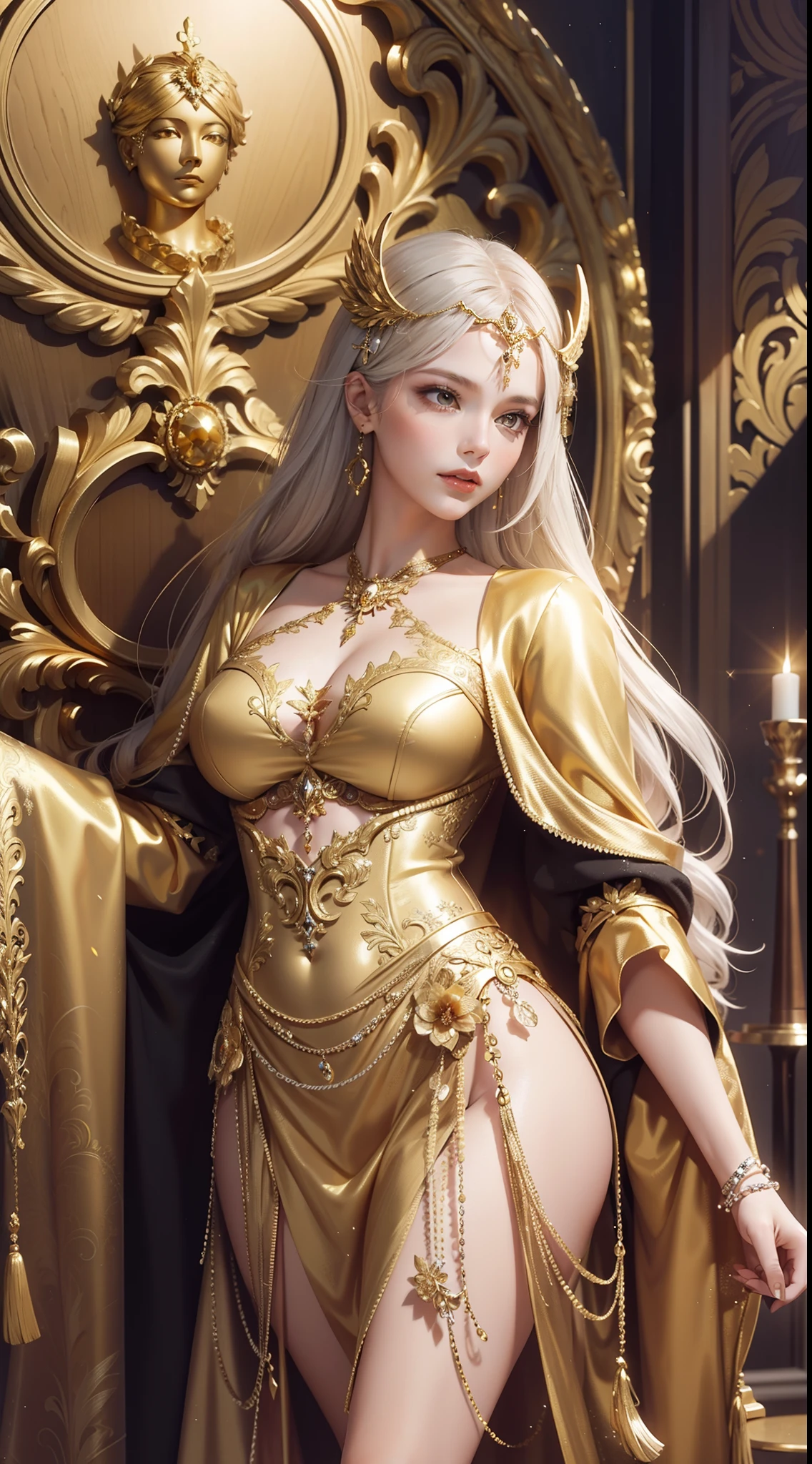 A woman in a golden dress,Baroque Valkyrie,Dreamy realism,glittery,Clothes made of gold and silver thread,Baroque court style