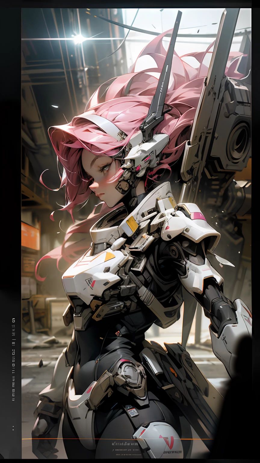 (Very good, professional, Surreal), Towering buildings rise from the ground,Form a magnificent landscape of the city of the future. in the center of Image, A huge and magnificent robot mech stands tall. Its pink metal shell glows, The delicate texture and intricate lines of the robot mech outline its high-tech figure. The robot mech is tall, Exudes unparalleled majesty and a sense of power. The robot mech has bright LED lights embedded in its shoulders, Shimmer in a variety of vivid colors, Like the bright stars of the city of the future. Its weapons are equipped with powerful energy weapons,Always ready to meet the challenge of battle. next to a robot, We saw an impressive teenager. She wears a black leather jacket and tight black socks, Highlight your perfect figure. The texture of the black leather jacket contrasts with the metallic texture of the robot, showing a unique visual effect. The girl's firm and decisive eyes showed that she was fearless (the girl is in good shape, Wear leather clothing, show navel, Large of breast,dark-skin,Dark face details)