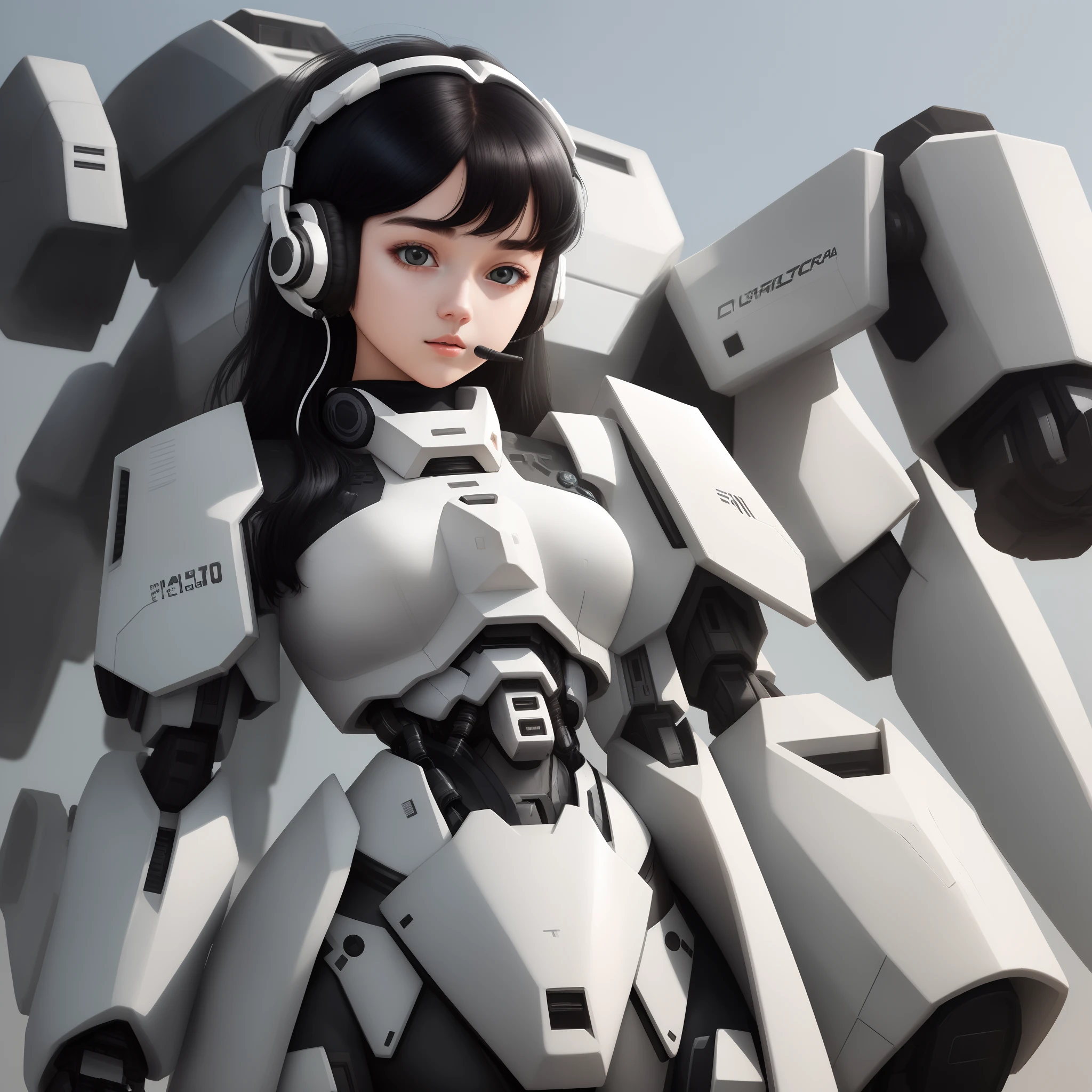 Girl with white mecha headset with black hair and wearing a gray turtle neck top