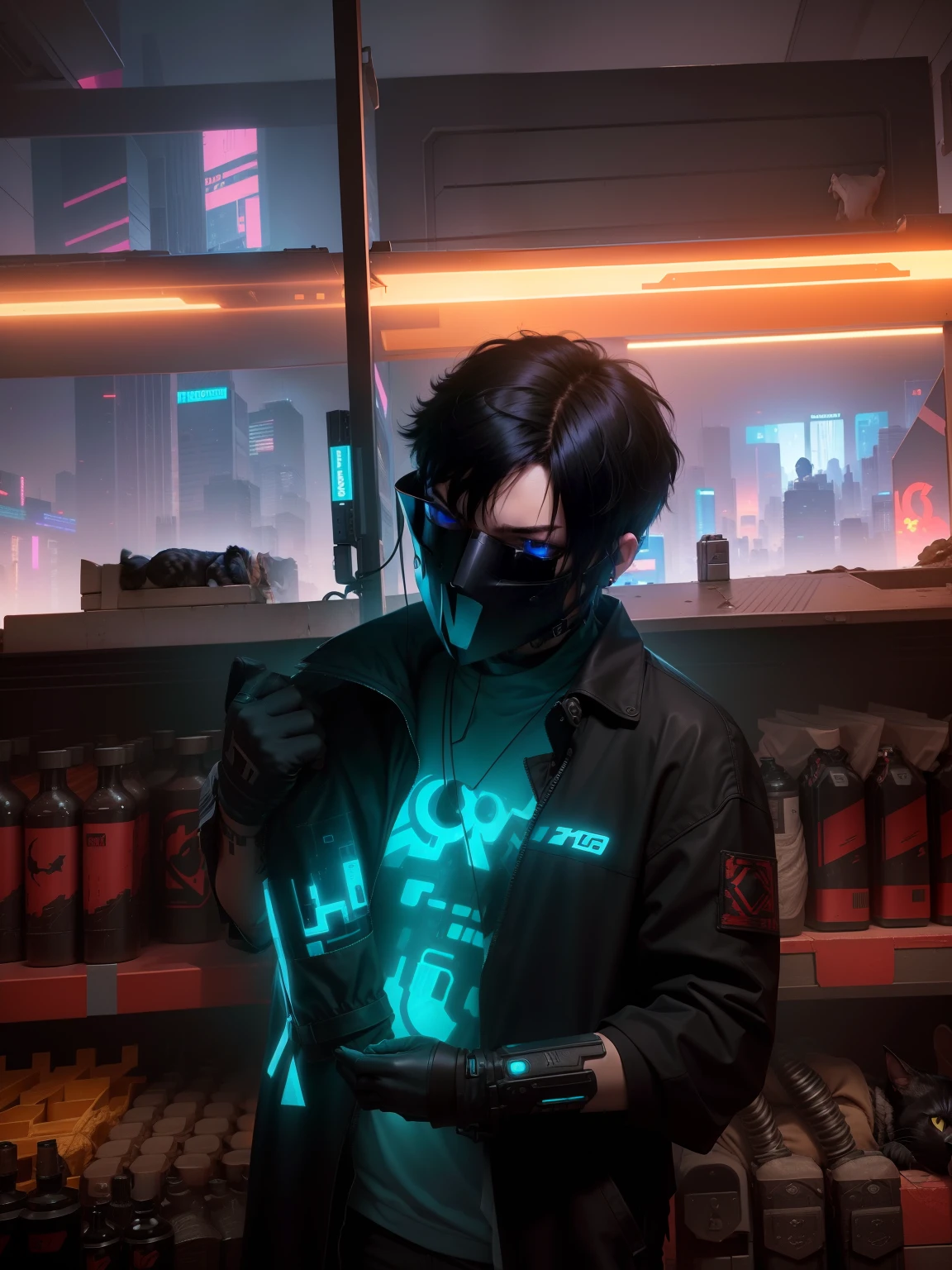 Change background and make realistic avatar, cyberpunk and add a cat behind me, i am boy with short hairstyle and I bowed my head don't show my face fully and my body is thin don't add muscle