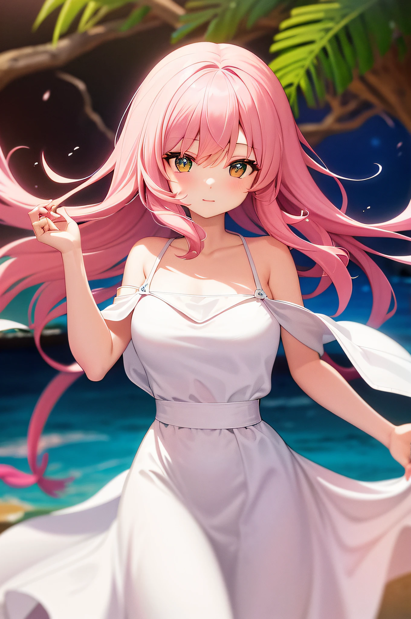 white dresses,A pink-haired,the ocean,1girl,Bigchest