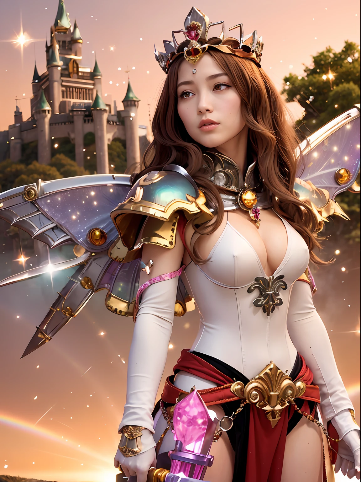 (masutepiece), Professional , masterpiece、top-quality、photos realistic , depth of fields (Gemstone Silver Metal Body:1.9),(Matt W White Pink、Jewel Gold Weapon、(Gorgeous castle background)、(ultimate beauty girl)、(Rainbow fairy wings grow)、Particles of light、(Metal body of iridescent gemstones:1.9),Gorgeous Jewel Metal Weapons , Detailed Sword of the Brave ,( a blond) ,warhammer 40k , adepta sororitas,Detail and ornate jewel crown、独奏、Brown hair、(Gangle's forest background)、Beautiful Caucasian beauty、1a person、dynamic ungle,(((Diamond tiara with detail and luxury)))、a small face、Powerful poses、(Gorgeous castle background)、huge filesize、20 year old beautiful woman、Stand in the center of the screen、Thin female fingers、Straight long hair、Beautiful Caucasian beauty、(maikurobikini)、Hair fluttering in the wind、face forwards、Look at viewers、