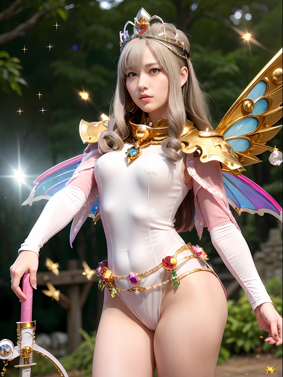(masutepiece), Professional , ​masterpiece、top-quality、photos realistic , depth of fields （Gemstone Silver Metal Body:1.９),(Matt W White Pink、Jewel Gold Weapon、（Gorgeous castle background）、（ultimate beauty girl）、（Rainbow fairy wings grow）、Particles of light、（Metal body of iridescent gemstones:1.９),Gorgeous Jewel Metal Weapons , Detailed Sword of the Brave ,（ a blond）   ,warhammer 40k , adepta sororitas,Detail and ornate jewel crown、独奏、Brown hair、（Gangle's forest background）、Beautiful Caucasian beauty、１a person、dynamic ungle,(((Diamond tiara with detail and luxury)))、a small face、Powerful poses、（Gorgeous castle background）、huge filesize、20 year old beautiful woman、Stand in the center of the screen、Thin female fingers、Straight long hair、Beautiful Caucasian beauty、（maikurobikini）、Hair fluttering in the wind、face forwards、Look at viewers、