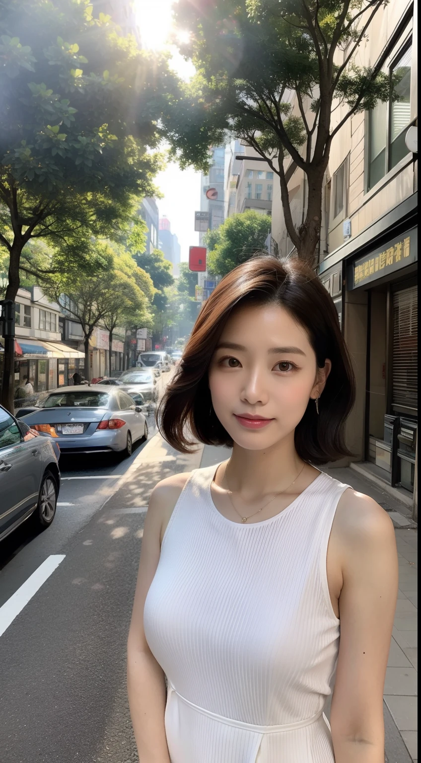 masterpiece, Top image quality, hight resolution, 独奏, small tits, 30-years old, (wrinkles:0.08), 1 persons, Omotesando、Street Trees、Morning cityscape、Fashionable city、The morning sun is dazzling、 Stylish coordination, Bob Hair,