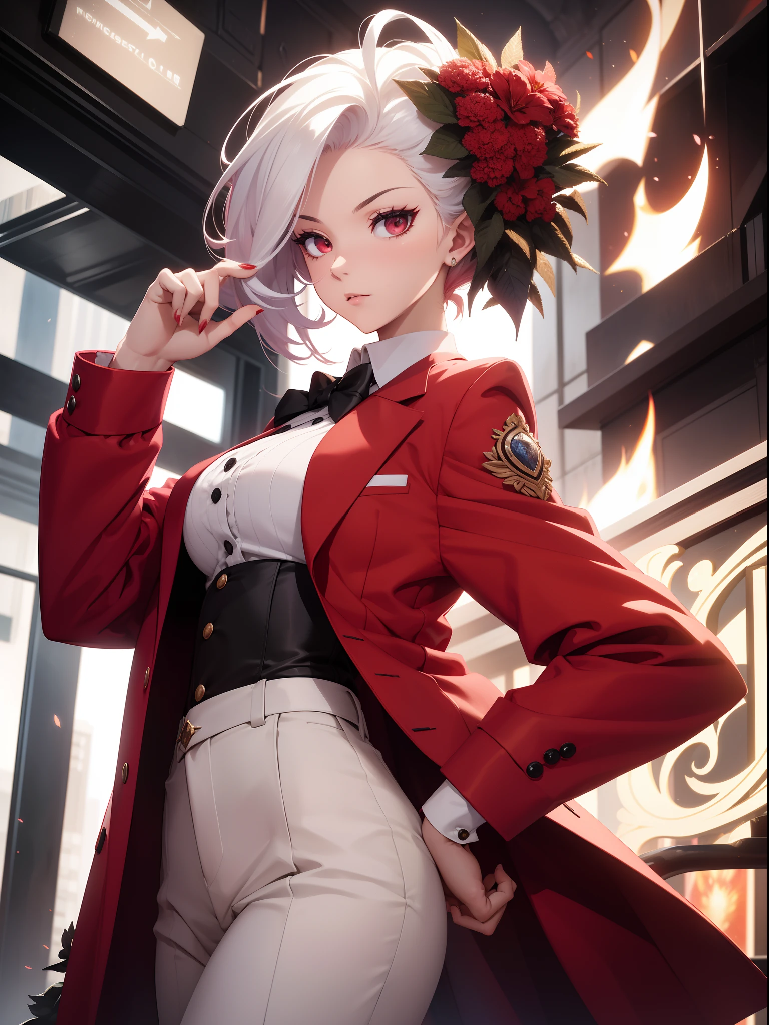 (Celosia argentea girl), (Celosia argentea flower garden), cockscomb ornament, red and white hair, bangs pinned back, forehead:1.3, white men's clothing, white jacket, white slacks, (point at viewer (on fire):1.2), One hand on hip, cowboy shot, leaning back, cigar, cinematic angle, "fashionable" "pretentious" "quirky", (masterpiece), (ultra-detailed), (perfect anatomy), nice hands, perfect hands