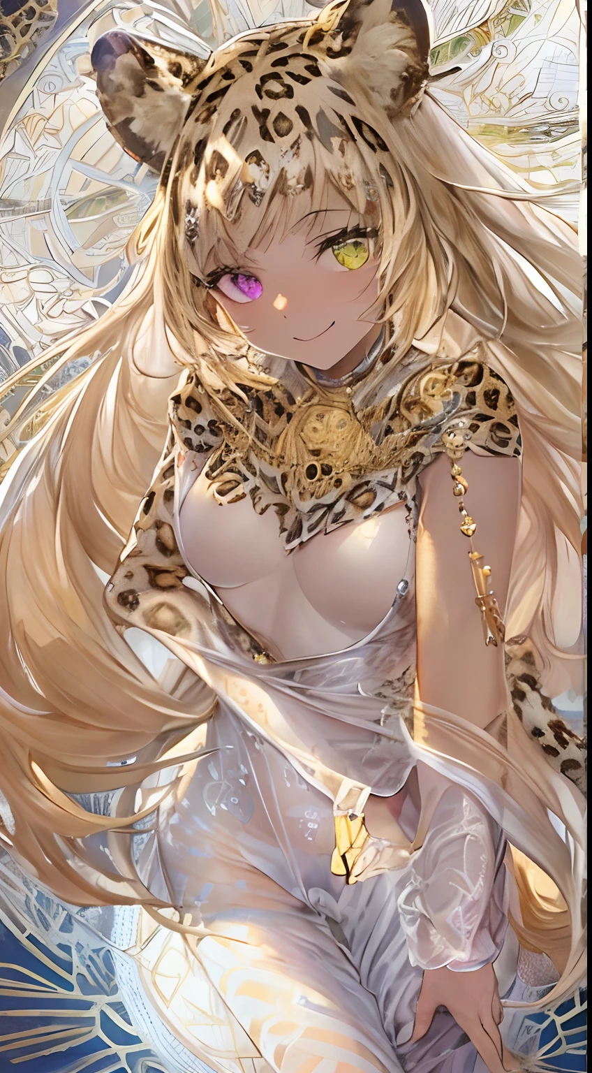 ((masutepiece, of the highest quality, Watercolor art (Pendants), offcial art, Beautiful and aesthetic: 1.2)), (Golden ratio: 1.2), (Full body: 1.2), (Super Detail: 1.3), (1 girl: 1.3), (Fractal Art: 1.3), Full body, (Glitter Pupil)), patterns, (Iridescent hair, Colorful hair, Half yellow and half brown hair: 1.2)), Colorful, Writing, (Heterochromia:Brown right eye and yellow left eye), (Colorful: 1.5), Sunny weather, (((Shy face)),, (Standing), (Hyper-detailing), ((delicate detail)), (intricate-detail), ((Cinematic Light, Highest quality backlight)), High contrast, ((The best lighting, Very delicate and beautiful)), (( Cinematic Light)), (ray-traced reflection, Glow), (((glowing aura)), ((Glowing hair)), ((Super Detail)), (8K)), ((a closeup)), ((Brown skin)), ((Seductive smile)) ,((high angle full body shot)),(NSFW:1.5)、((Leopard ears))、mare