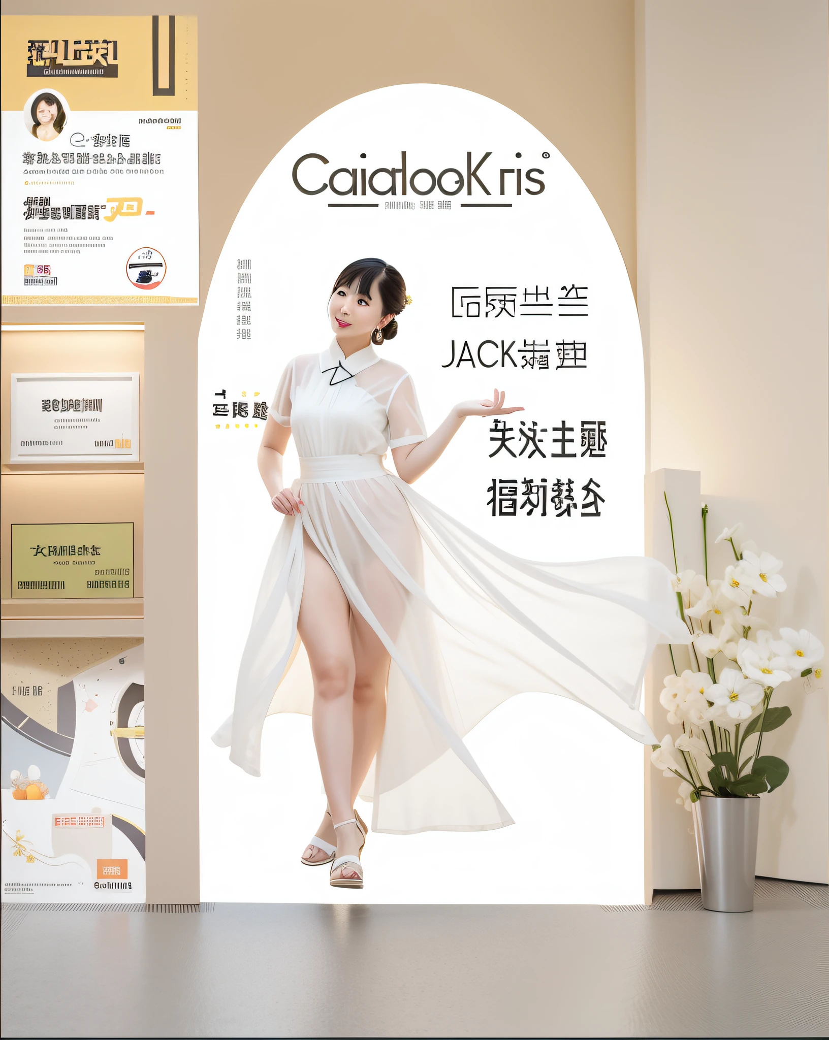 In front of the poster stands a woman in a dress, overlaid with chinese adverts, ads, jia, inspired by Gao Cen, promotional poster, Official product image, ProductAdvertisements, Cai Xukun, advertisement picture, Inspired by Gao Qipei, inspired by Cao Buxing, product introduction photos, advertising photograph, official store photo, kakar cheung