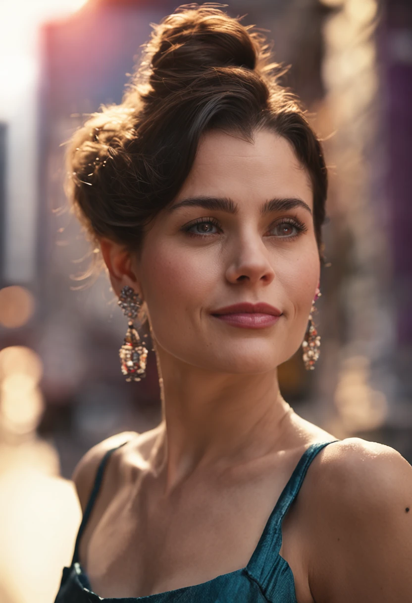 24-year-old woman,looking a viewer, slight smile, Dress, CityView, earings, makeup, hair bun, Evening, roof