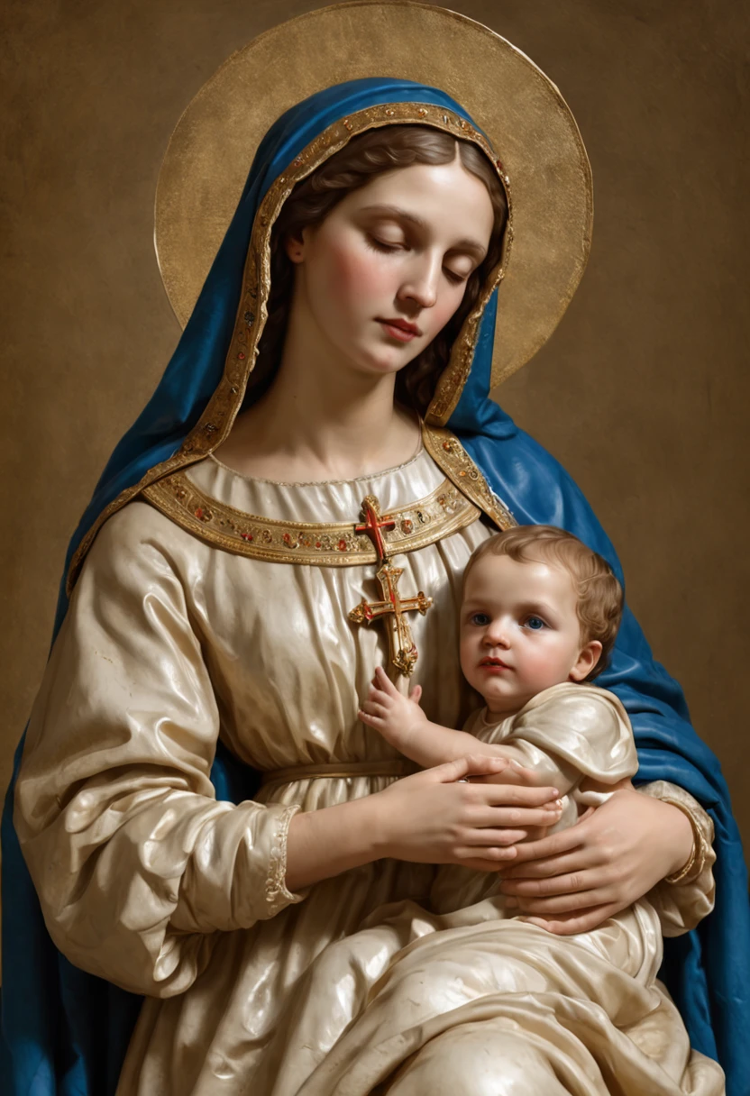 Virgin with giant Rosary in her hand and  Jesus in her arms dressed, looking straight ahead 