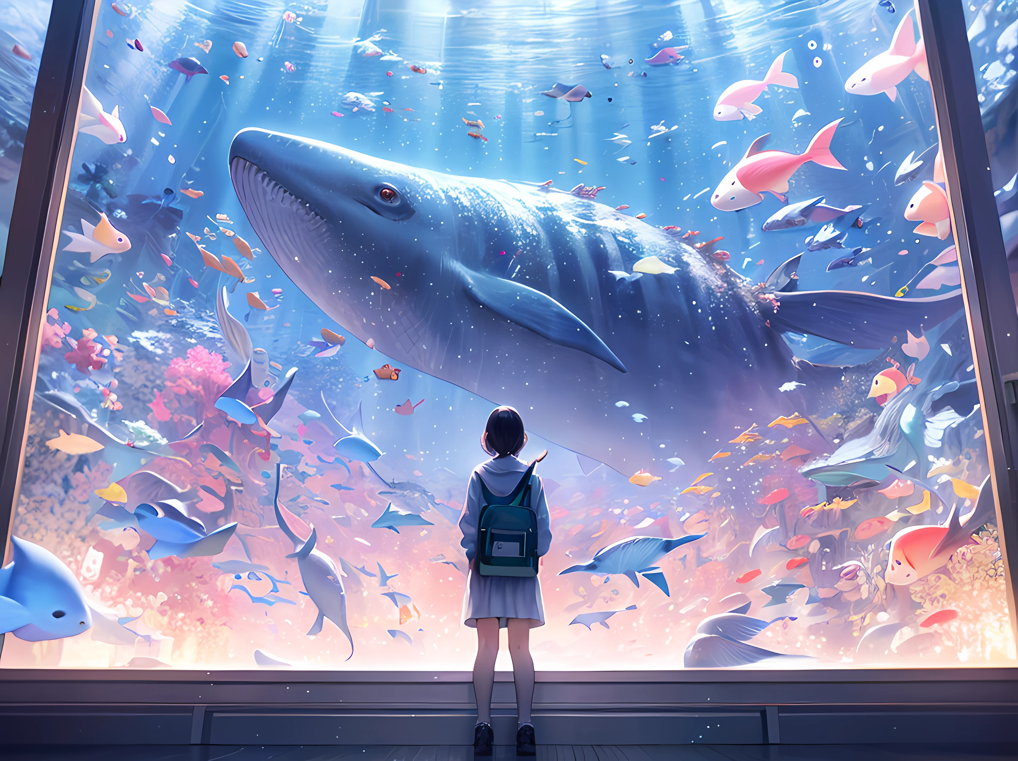 masterpiece, A beautiful painting of a dream of a huge aquarium, a person stands in front of the observatory and looks at whales through the glass. Those animals are swimming in the sea of ​​stars, romantic, fairy light , japanese anime style trending on artstation by Rella , Trending on pixiv, pink,Pink fluorescence, light blue and yellow color scheme,shoal of fish