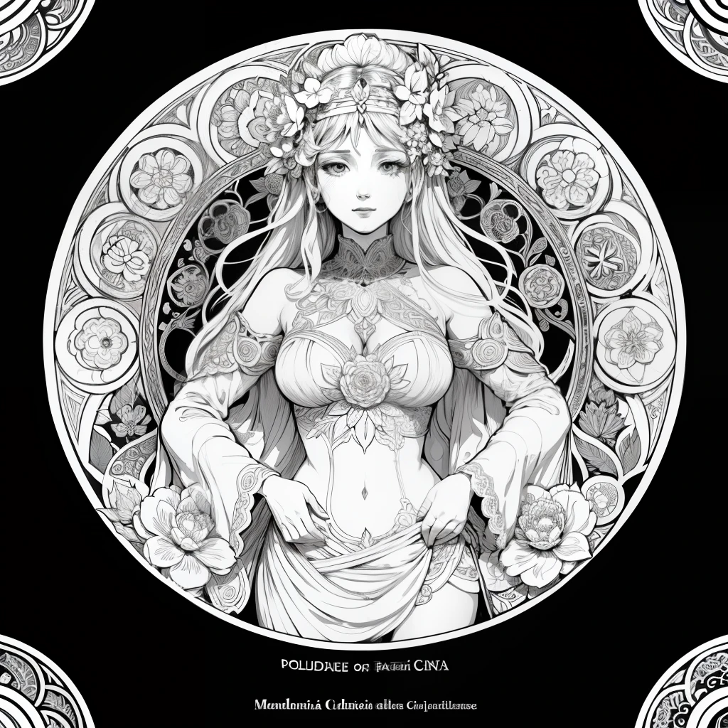 Flowers and goddess, ploynesian, garden, art for coloring book page, full white background, only use outline, line art, coloring book, clean line art, mandala for coloring with nature ornaments, simple and clean line art, coloring book page, adorned in Art Nouveau style, with a stroke of Alfons Mucha's brush, perfect details, real.