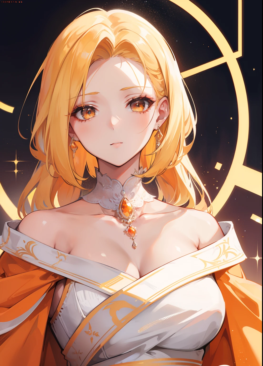 Blonde hair,Orange and white clothes,Exquisite makeup,Smooth and delicate suprathoracic area,A radiant-looking royal sister