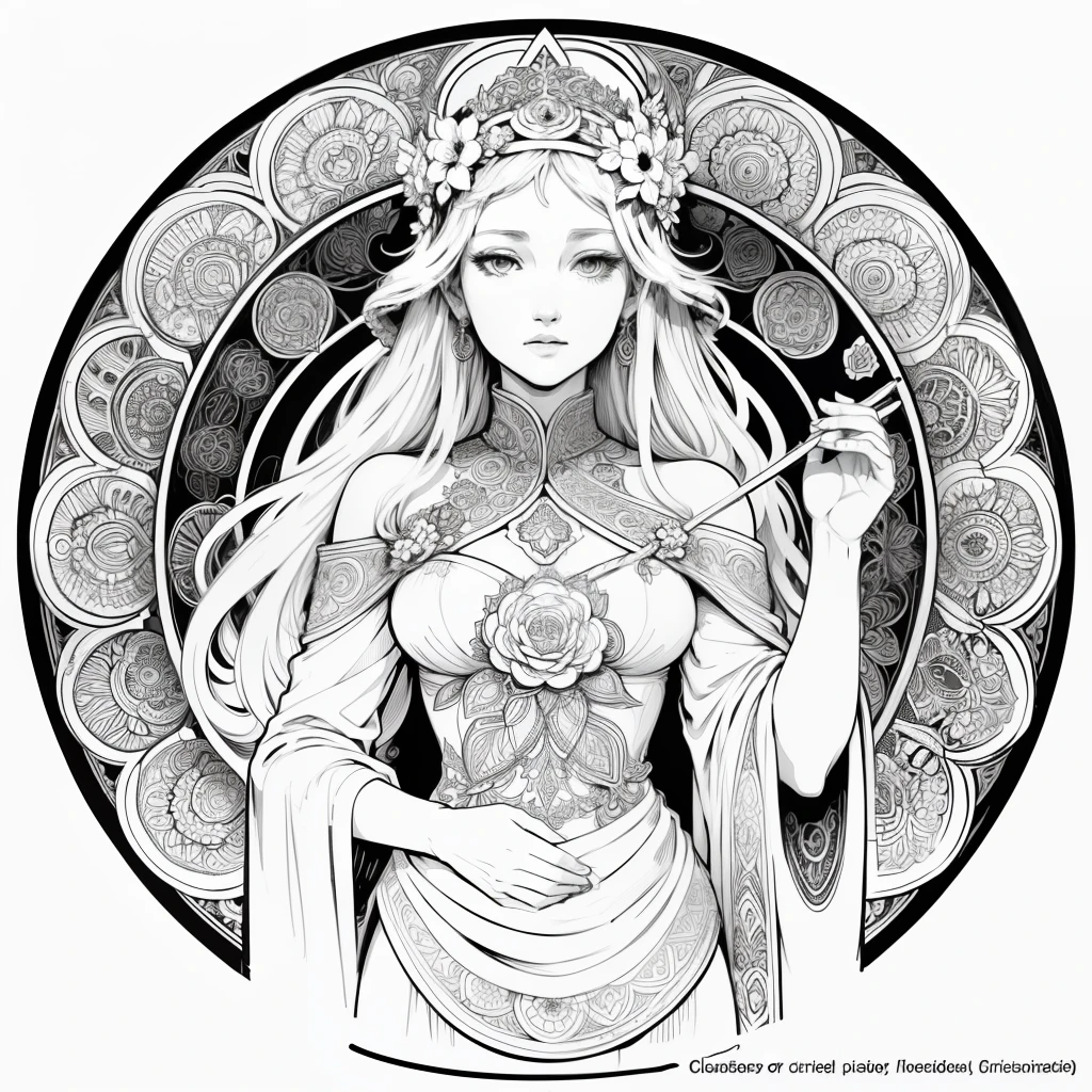 Flowers and goddess, ploynesian, garden, art for coloring book page, full white background, only use outline, line art, coloring book, clean line art, mandala for coloring with nature ornaments, simple and clean line art, coloring book page, adorned in Art Nouveau style, with a stroke of Alfons Mucha's brush, perfect details, real.