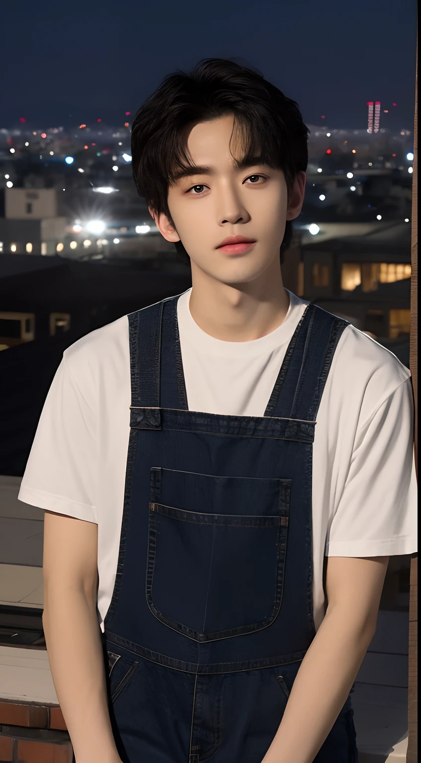 ((Midnight, Best Quality, 8K, masutepiece :1.3)), Full body, Long legs, Sharp Focus :1.2, (Beautiful man with a perfect figure :1.4), Slender Abs : 1.1, ((Black hair :1.2))), (Tight white t-shirt, Jean Bib, brackets:1.2), ((nighttime scene, On the rooftop:1.3)), Gradient skin with face and skin texture High detail, Detailed eyes, Double eyelids, Boy, Solo, 18 years old