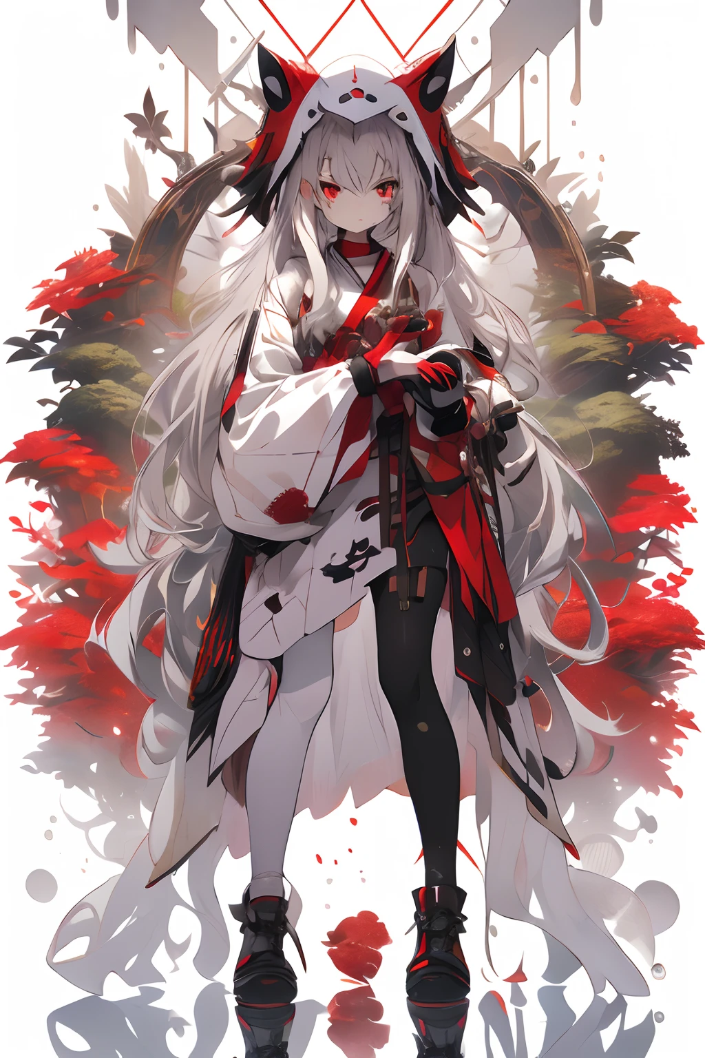 , (masutepiece:1.2), Best Quality,Midjourney,
1girl in, Solo, Long hair, Very long hair, Looking at Viewer, Grey Hair, multicolored hair, White background, Bangs, gloves, Dress, Black Gloves, Holding, striated hair, reflection, Long sleeves, Wide sleeves, white footwear, hoods, White hair, Closed mouth, Red Eyes、Detailed picture