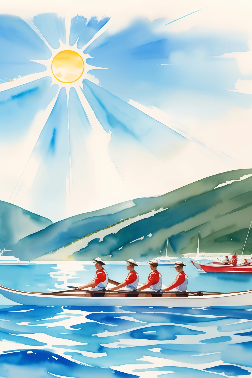 Illustration style,Race rowing,Have by the sea,Big Sun,watercolor paiting,Panorama Figures