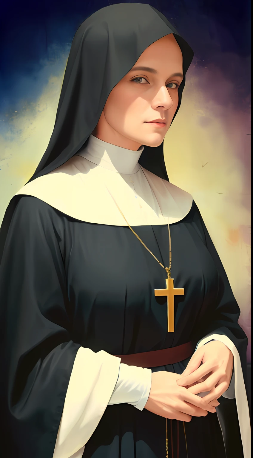 Nun with cross and rosary in hand in front of a blue background, Bem Modelo de Moda, majestosa mulher de santo, agora, Bem Enxoval, modelo de moda freira olhando para cima, santa mulher, mother sarah artist, Retrato gracioso santo, Catholic, imagem de perfil, inspirado no Mestre da Lenda de Santa Luzia, Retrato de Hildegard von Bingen, mulher em vestes pretas