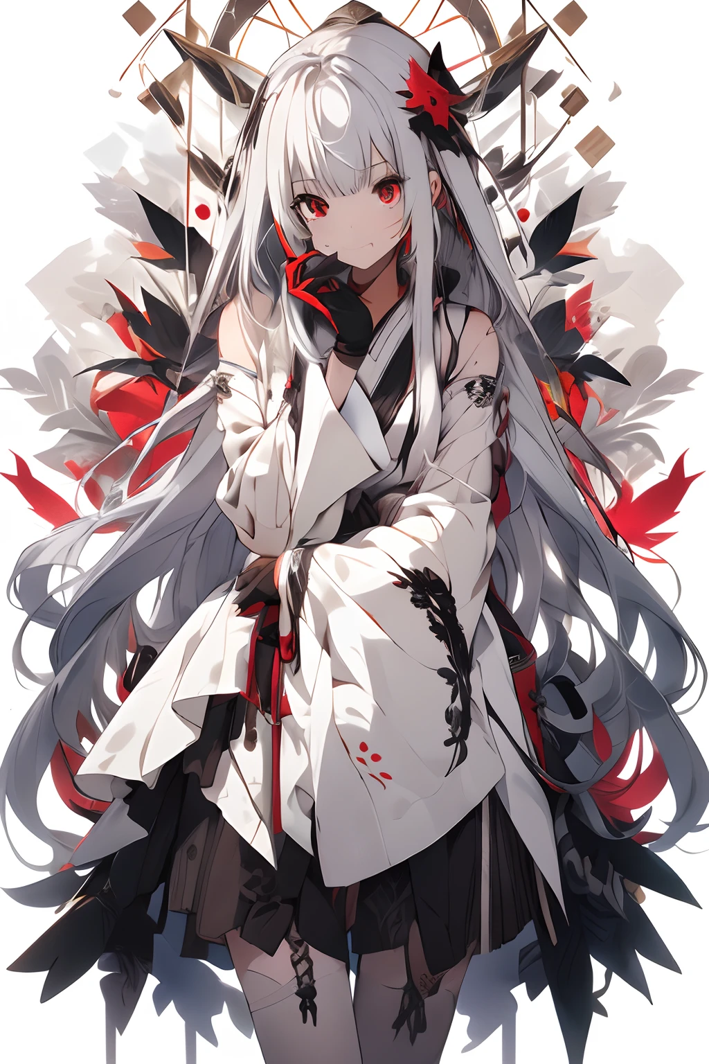 , (masutepiece:1.2), Best Quality,Midjourney,
1girl in, Solo, Long hair, Very long hair, Looking at Viewer, Grey Hair, multicolored hair, White background, Bangs, gloves, Dress, Black Gloves, Holding, striated hair, reflection, Long sleeves, Wide sleeves, white footwear, hoods, White hair, Closed mouth, Red Eyes、Detailed picture