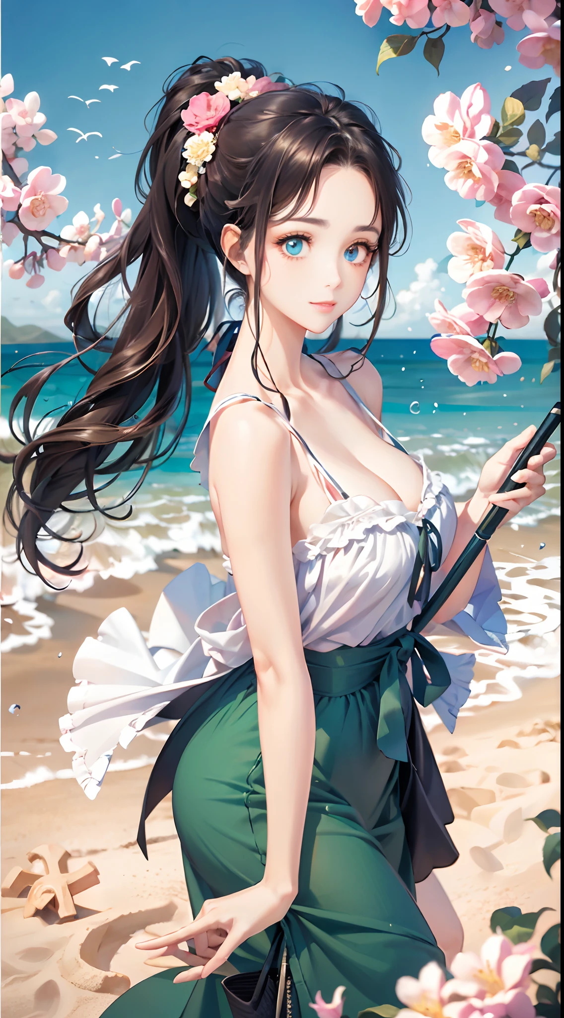 Pink girl with long hair and double ponytail，The pupils of the eyes sparkle，Heterochromia，Holding a flower umbrella，sandbeach，Blue sky，baiyun，Coquettish and cute expression，ultra HD wallpaper，3Drenderingof