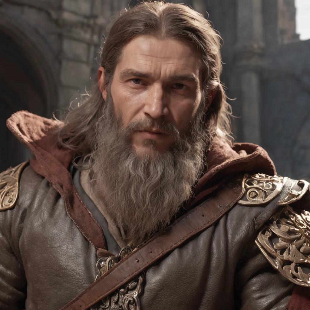 Depict a commanding male figure reminiscent of Putin, though distinct in identity. This epic character embodies strength and authority with a muscular build, exuding a powerful presence. His intense gaze reflects a mix of determination and fierceness, while his long hair flows in a dynamic manner. A well-groomed short beard frames his face, adding to his aura of rugged sophistication.
Place this character within a fantastical setting of grandeur, amidst a cluttered and majestic environment. His attire consists of weathered leather garments that evoke a sense of age and experience. A touch of fur accents his ensemble, adding both warmth and intricate detail.
Render this scene using the highest quality 8K resolution, employing techniques that highlight every pore of his skin, particularly under the dim and dramatic lighting. Shadows cast by studio lights emphasize his features, while global illumination and volumetric lighting add depth and atmosphere to the scene.
Incorporate the intricate art styles of Loish, Wlop, Ilya Kuvshinov, Greg Rutkowski, and Alphonse Mucha to capture the essence of the character's persona. Use digital painting techniques and Octane rendering to create a smooth yet highly detailed representation. The backdrop should convey an ancient and mysterious cityscape, shrouded in darkness and accentuated by heavy rainfall and floating particles.
Ultimately, bring forth a character who stands as a symbol of strength, authority, and enigmatic allure, with features that echo the familiar while remaining uniquely captivating.