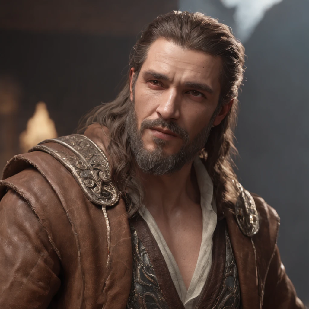 Depict a commanding male figure reminiscent of Putin, though distinct in identity. This epic character embodies strength and authority with a muscular build, exuding a powerful presence. His intense gaze reflects a mix of determination and fierceness, while his long hair flows in a dynamic manner. A well-groomed short beard frames his face, adding to his aura of rugged sophistication.
Place this character within a fantastical setting of grandeur, amidst a cluttered and majestic environment. His attire consists of weathered leather garments that evoke a sense of age and experience. A touch of fur accents his ensemble, adding both warmth and intricate detail.
Render this scene using the highest quality 8K resolution, employing techniques that highlight every pore of his skin, particularly under the dim and dramatic lighting. Shadows cast by studio lights emphasize his features, while global illumination and volumetric lighting add depth and atmosphere to the scene.
Incorporate the intricate art styles of Loish, Wlop, Ilya Kuvshinov, Greg Rutkowski, and Alphonse Mucha to capture the essence of the character's persona. Use digital painting techniques and Octane rendering to create a smooth yet highly detailed representation. The backdrop should convey an ancient and mysterious cityscape, shrouded in darkness and accentuated by heavy rainfall and floating particles.
Ultimately, bring forth a character who stands as a symbol of strength, authority, and enigmatic allure, with features that echo the familiar while remaining uniquely captivating.