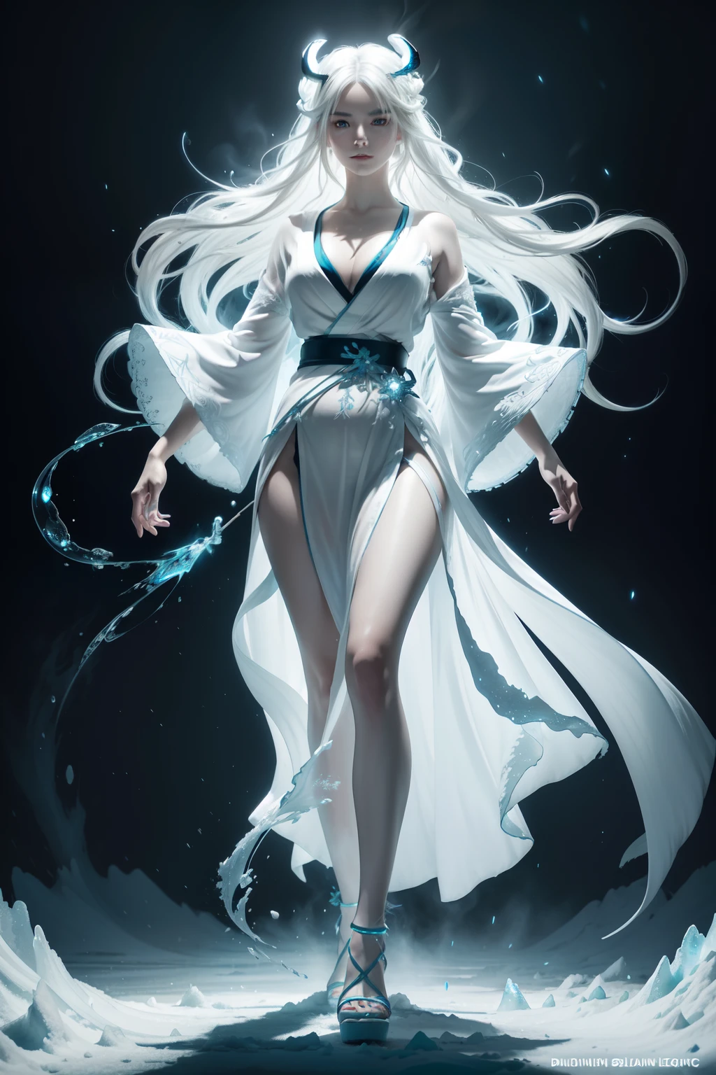 dark fantasy, full body shot, 1 lady, white and aqua_blue kimono, (inverted triangle face:1.1), (long messy and shaggy white hair with freeze motion:1.22), hair lighting, dignified expression, smile, glowing smoke snow white eyes, azure nail, straw sandals, (blizzard snow mountain background with bioluminescence:1.2), pencil fine art, oil painting coloring, catch light, smooth and flawless skin, fine detail skin, dynamic pose, dark palette with rich colors, intricate detail texture, intricate detailed, tonal contrast, toon rendering, super fine illustration, ultra quality, best quality, high quality, insanely detailed, 16k, extremely detailed,