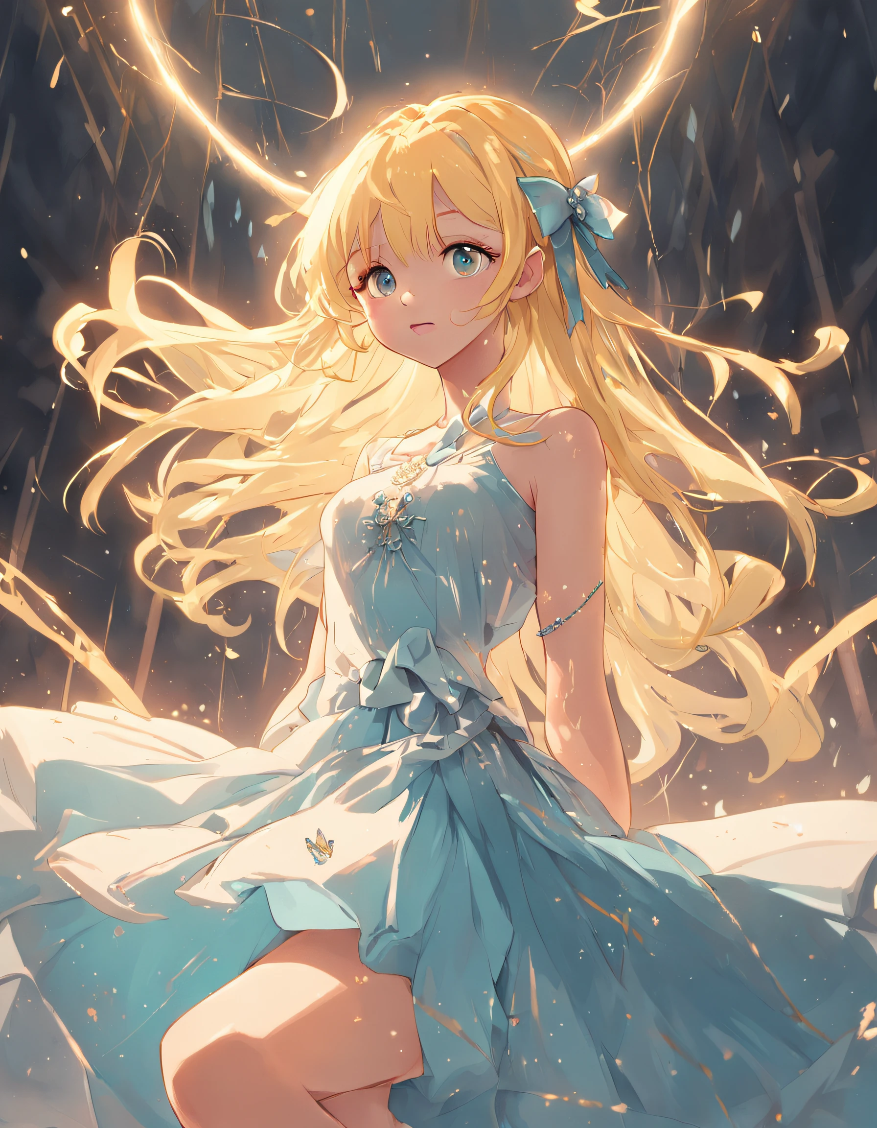 schoolgirls,Long yellow hair and light blue eyes,Twisted braids and butterfly hair accessories。Elegant bangs,elegant gown,Short front and long back skirt。Diamond heels and wings,Smile confidently。Whole body diagram,simplebackground。Side light and shadow,Cinematic approach。Hyper-detailed skirt,Beautiful big skirt