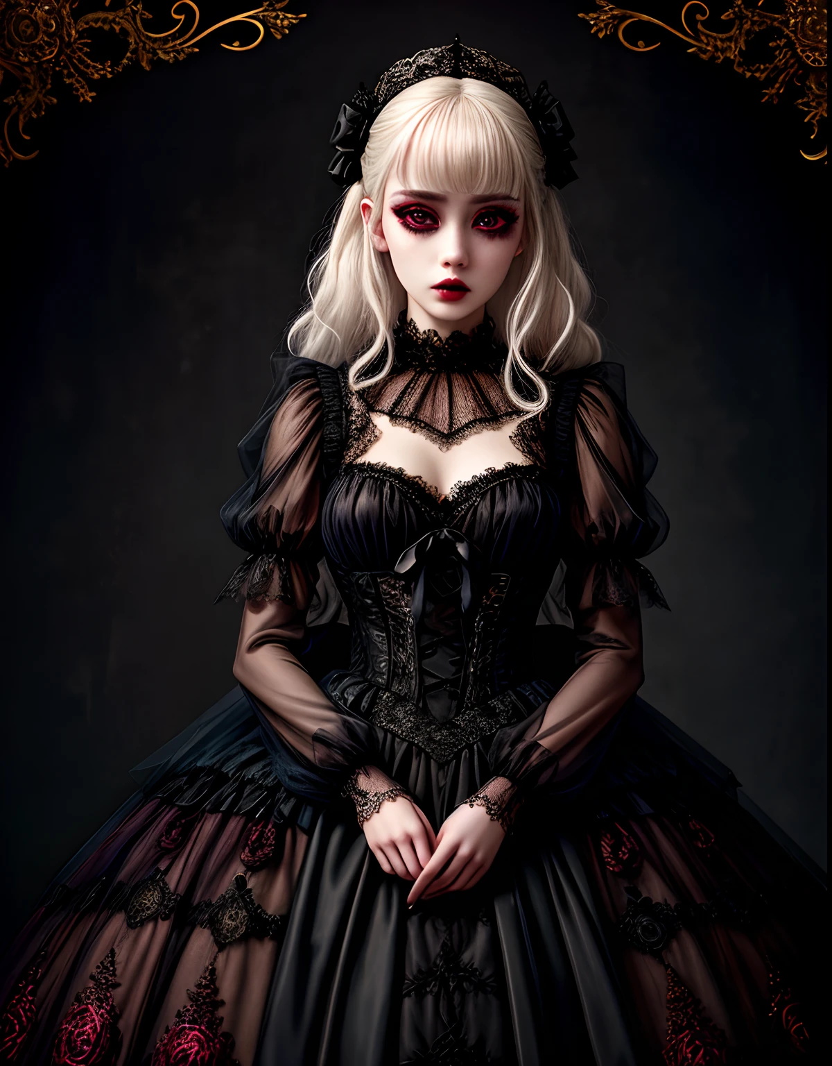 Masterpiece, absurdres,HDR ,highly detailed eyes and face,GothGal, a woman dressed in gothic ballgown holding,runny makeup, see through clothing, lace, embroidery , woman wearing a GothGal outfit, pale white skin, wearing a ballgown