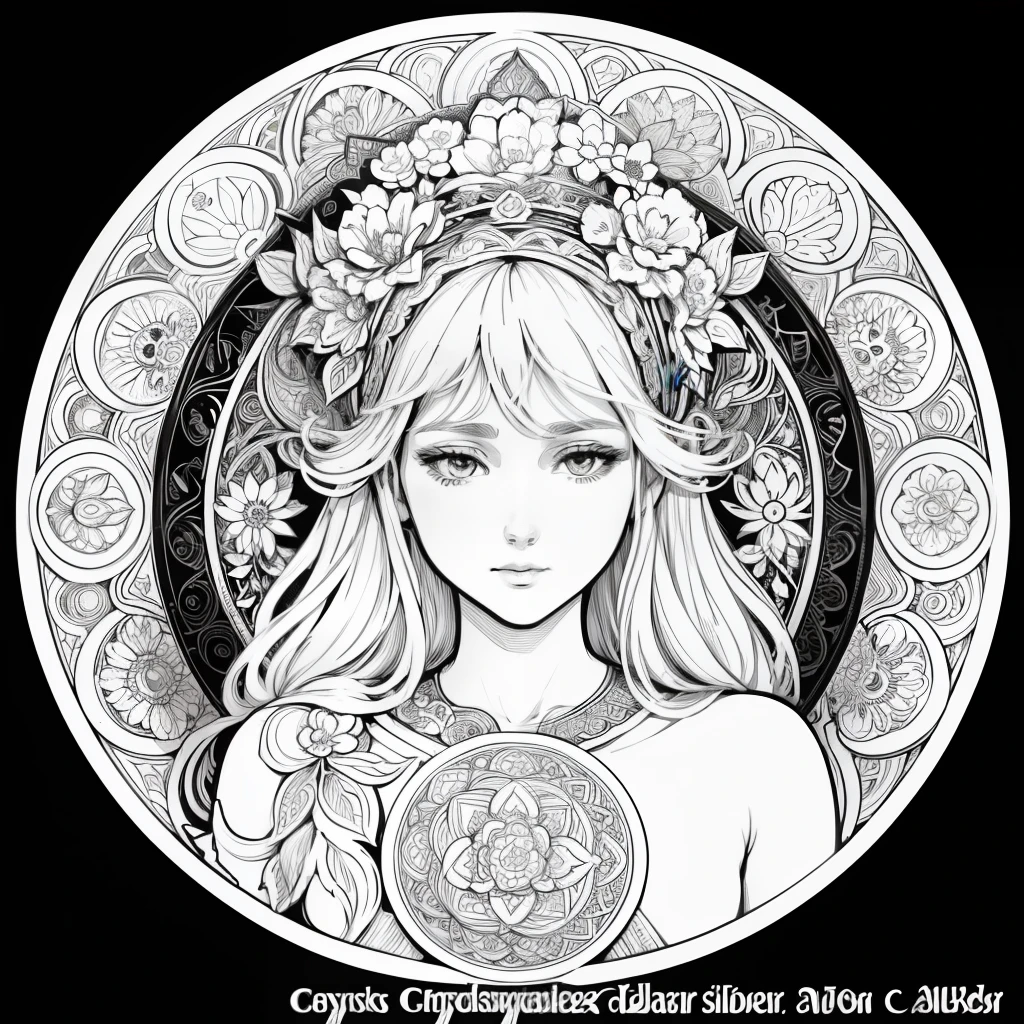 Flowers and goddess, ploynesian, garden, art for coloring book page, full white background, only use outline, line art, coloring book, clean line art, mandala for coloring with nature ornaments, simple and clean line art, coloring book page, adorned in Art Nouveau style, with a stroke of Alfons Mucha's brush, perfect details, real.