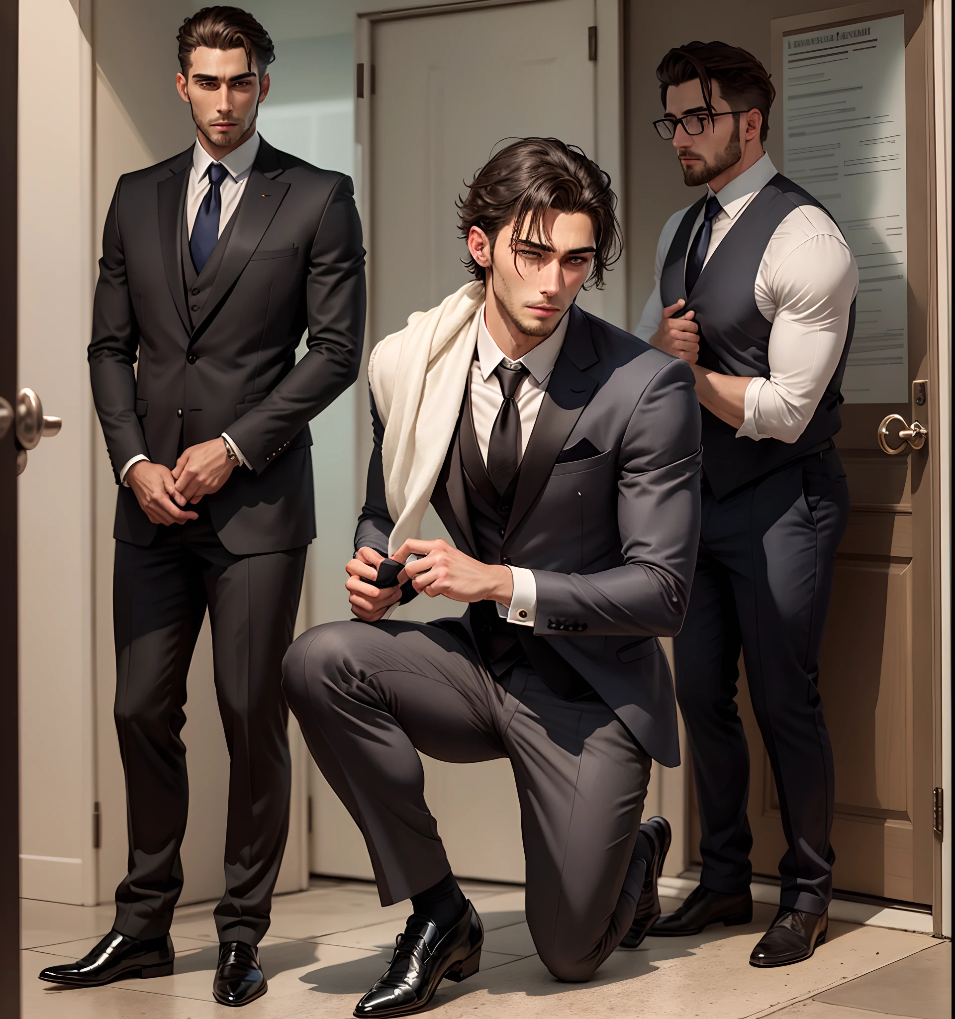 two handsome men with athletic bodies are in the same office, they are wearing slimfit suits, they are hugging each other with their crotches sticking out because they are aroused