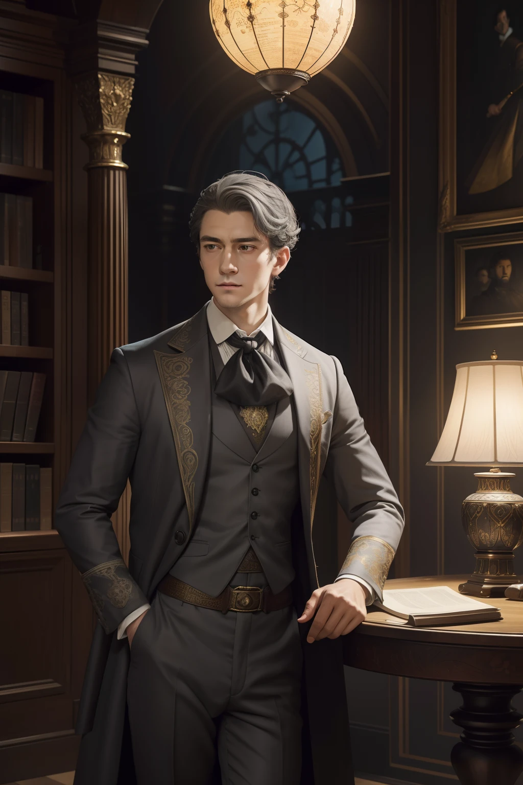 Young aristocrat, (((ember))), stands next to the table, in the hands of a newspaper, sporty figure, broad shoulders and narrow hips, A man in a rich suit, neckerchief with brooch, (((gray eyes, narrow lips and straight nose, Powerful chin))), On the table is a vase of flowers and a book, Behind the back is a floor lamp and a large window to the floor, the night, soft moonlight and light from lamps, Rembrandt's World, Detail art, Lots of details and intricate patterns, Cover of love fantasy, in full height