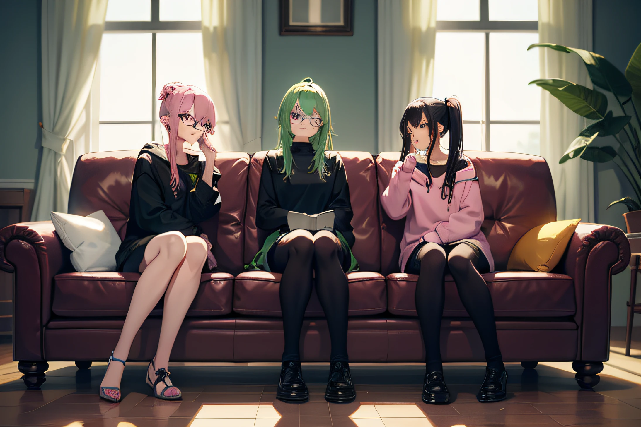 Three girls，sitting in the couch，The first hair is green and wears glasses，The second hair is pink，The third hair is black