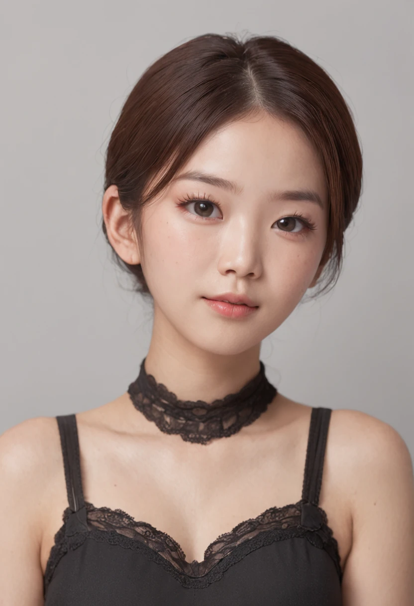 18-year-old Korean woman,looking a viewer, slight smile, black bodysuit, twintails, pantyhouse, Room