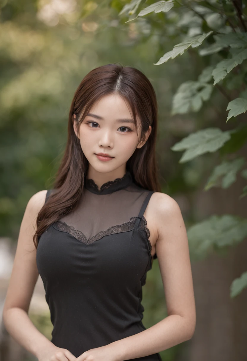 18-year-old Korean woman,looking a viewer, slight smile, black bodysuit, twintails, pantyhouse, Room