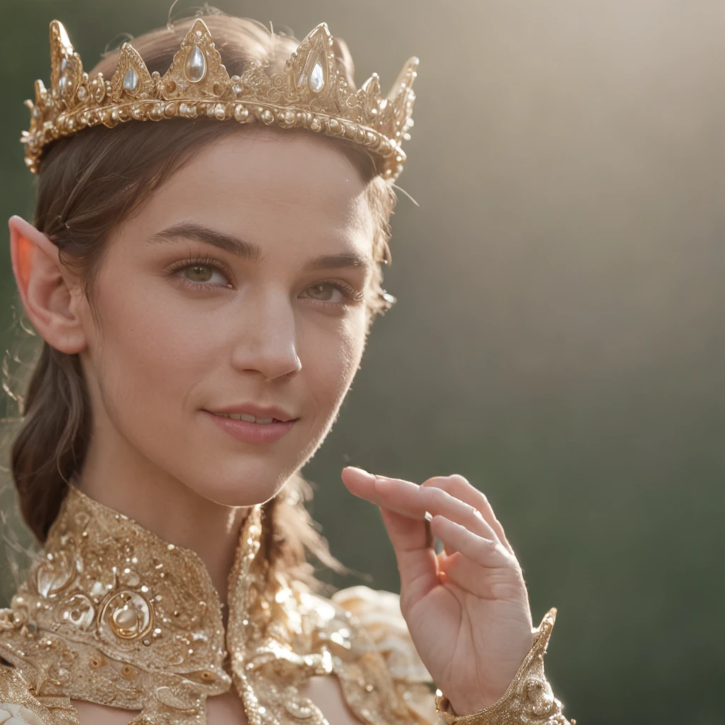 "elf prince,Confident and sunny smile,Waving a golden medallion,Radiant individuals。"